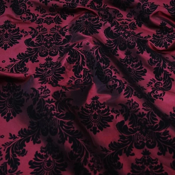 Damask Flocking Taffeta Table Linen In Black On Burgundy 2 Damask Flocking Taffeta Table Linen In Black On Burgundy - Image 2