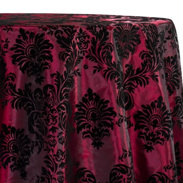 1pc - Damask Flocking Taffeta Table Linen In Black On Burgundy (120" Round) 1 1pc - Damask Flocking Taffeta Table Linen In Black On Burgundy (120" Round)