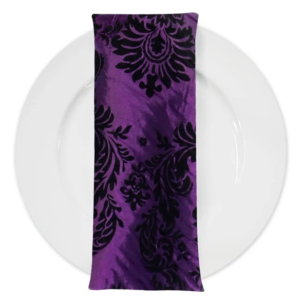 Damask Flocking Taffeta Table Napkin In Black On Purple 1 Damask Flocking Taffeta Table Napkin In Black On Purple