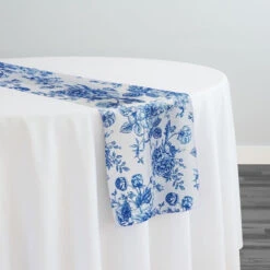French Toile (Poly Print) Table Runner In Royal Blue