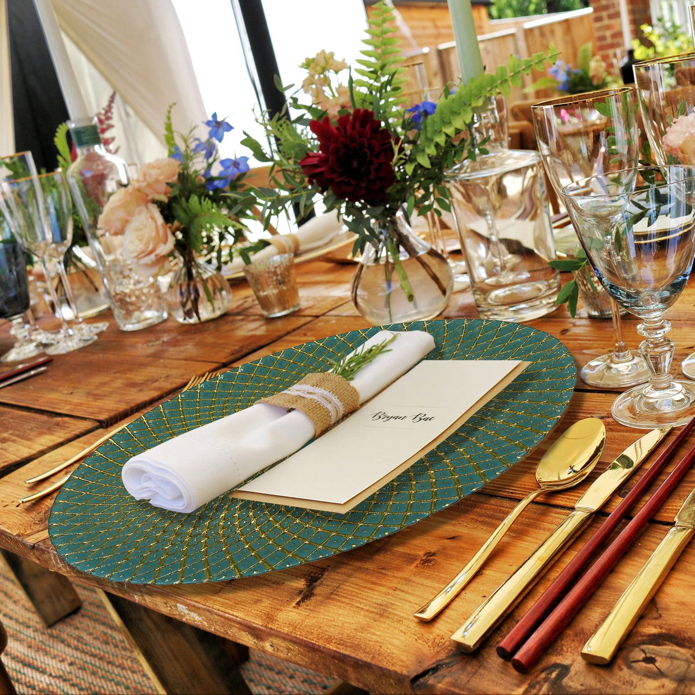 Mandala - Glass Charger Plate In Gold Teal (Item # 0230) 4 Mandala - Glass Charger Plate In Gold Teal (Item # 0230) - Image 4