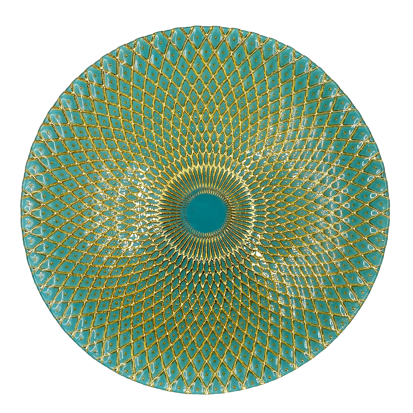 Mandala - Glass Charger Plate In Gold Teal (Item # 0230) 1 Mandala - Glass Charger Plate In Gold Teal (Item # 0230)