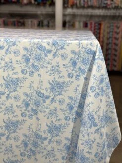 French Toile (Poly Print) Table Linen In Lt Blue -Urquid Linen Shop PhotoJul172023 115600AM