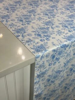 French Toile (Poly Print) Table Linen In Lt Blue -Urquid Linen Shop PhotoJul172023 115617AM