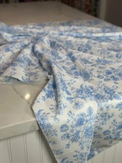 French Toile (Poly Print) Table Linen In Lt Blue -Urquid Linen Shop PhotoJul172023 115630AM
