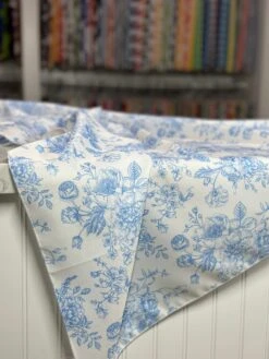 French Toile (Poly Print) Table Linen In Lt Blue -Urquid Linen Shop PhotoJul172023 115638AM