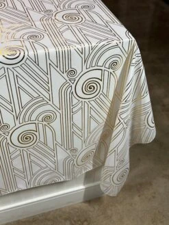 Luxor (Metallic Print) Table Linen In White And Gold -Urquid Linen Shop PhotoJul182023 24322PM