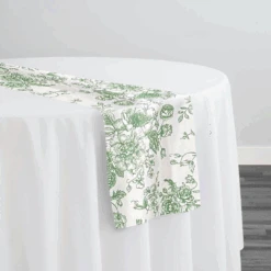 French Toile (Poly Print) Table Runner In Willow Green