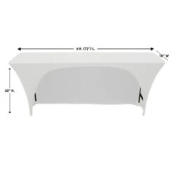 Premium Spandex (6'x18" W/ Side Open) Banquet Table Cover In White -Urquid Linen Shop stretch spandex 6ft 18 inches open back rectangular table covers white dimensions flat front 20008